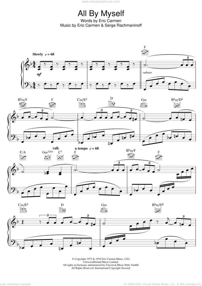All By Myself, (intermediate) sheet music for piano solo by Celine Dion, Eric Carmen and Serjeij Rachmaninoff, intermediate skill level