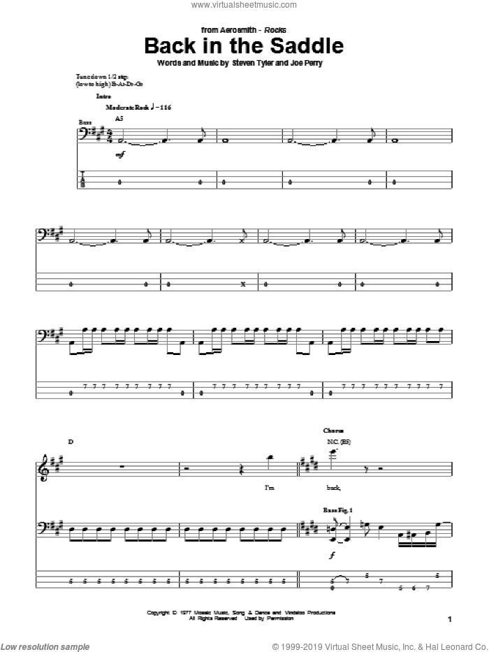 Back In The Saddle sheet music for bass (tablature) (bass guitar) by Aerosmith, Joe Perry and Steven Tyler, intermediate skill level