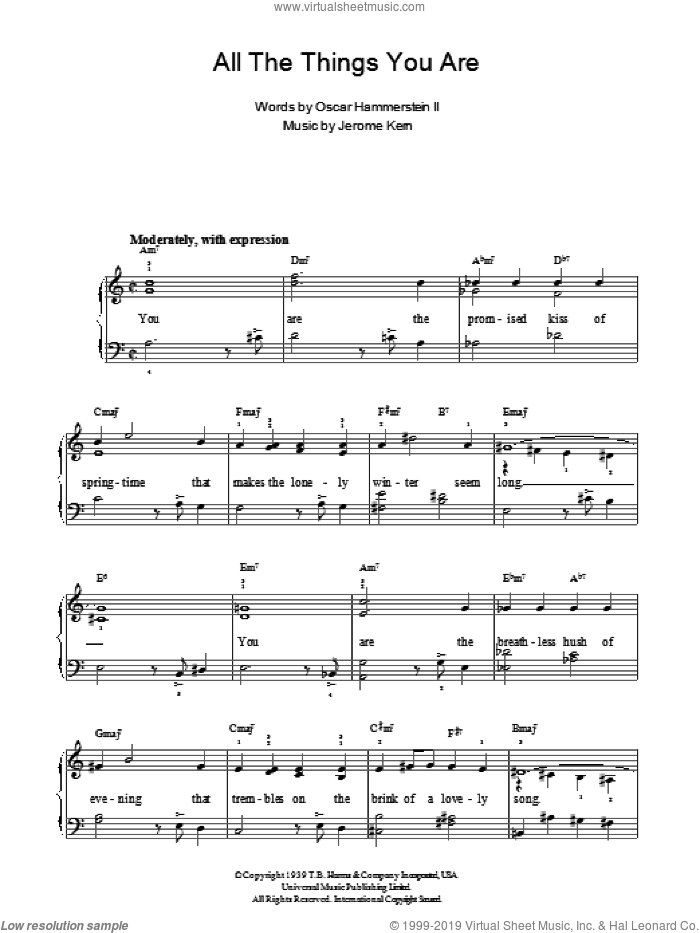All The Things You Are sheet music for piano solo by Jerome Kern and Oscar Hammerstein, easy skill level