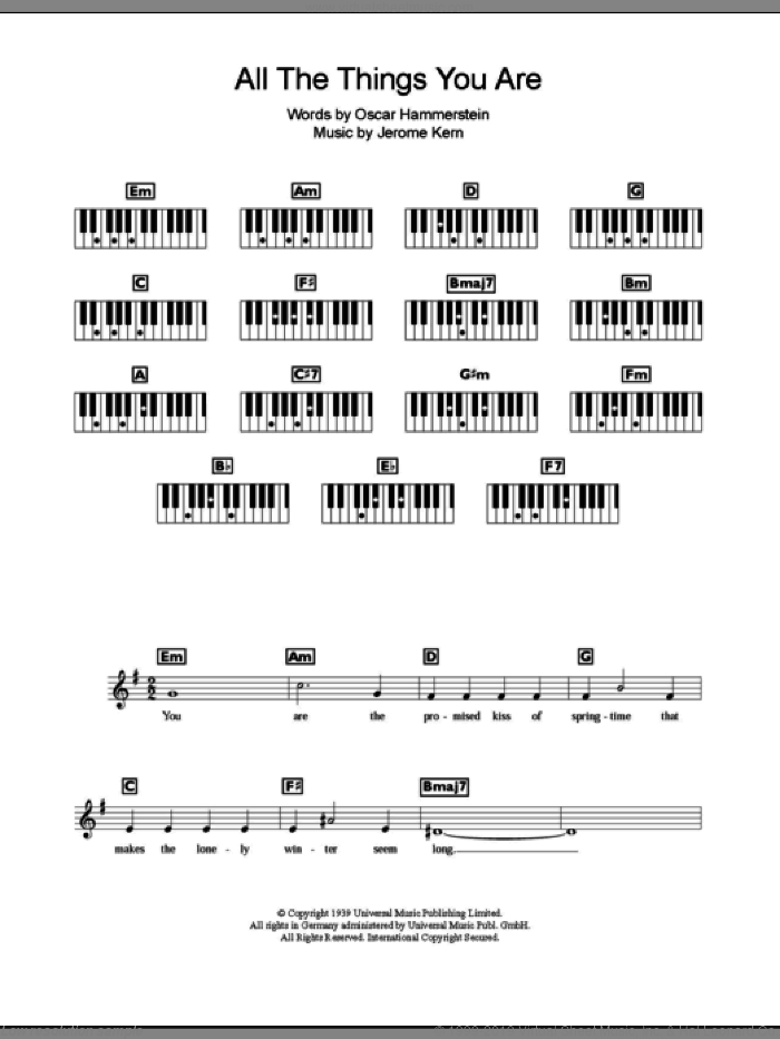 All The Things You Are sheet music for piano solo (chords, lyrics, melody) by Jerome Kern and Oscar Hammerstein, intermediate piano (chords, lyrics, melody)