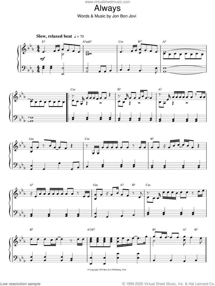Always sheet music for piano solo by Bon Jovi, intermediate skill level