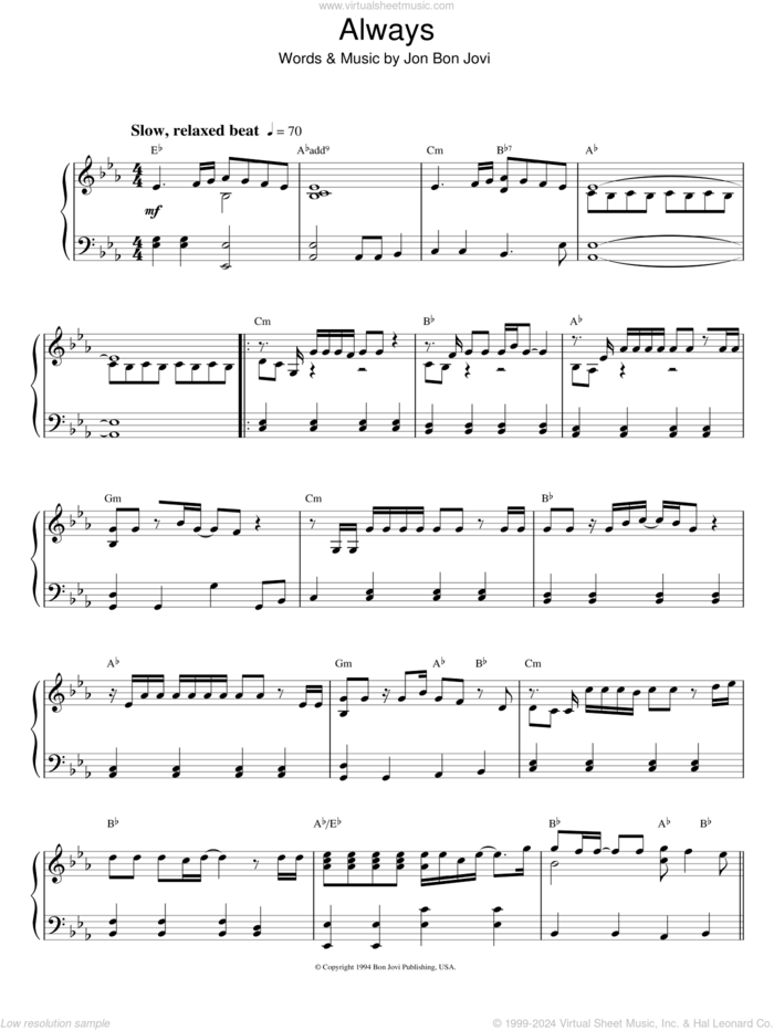 Always sheet music for piano solo by Bon Jovi, intermediate skill level