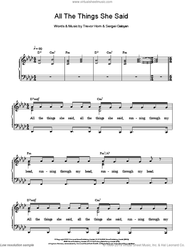 All The Things She Said sheet music for voice and piano by Tatu, Sergei Galoyan and Trevor Horn, intermediate skill level