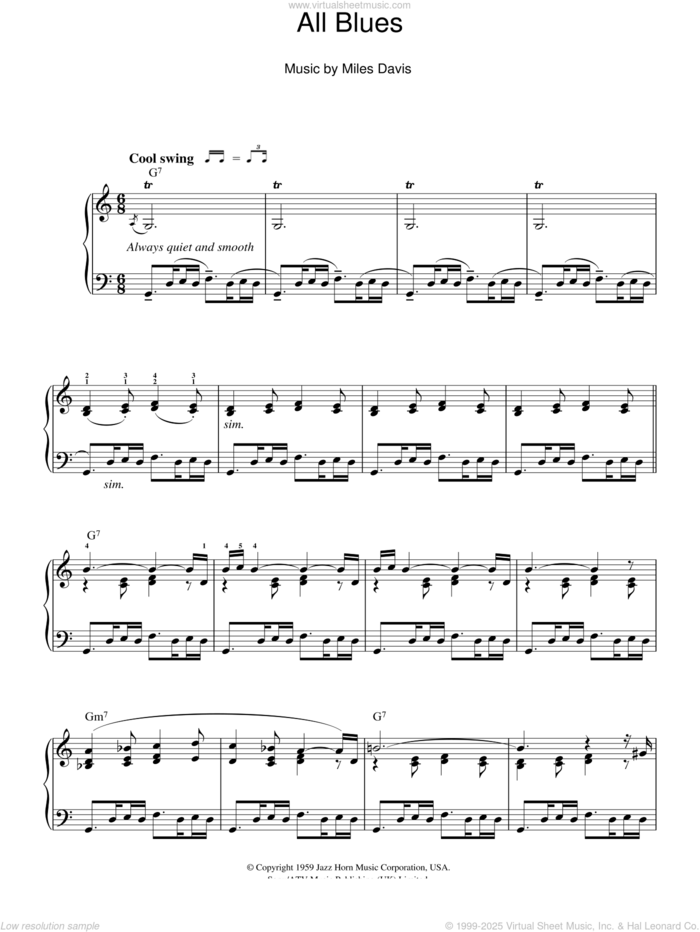 All Blues sheet music for piano solo by Miles Davis, intermediate skill level