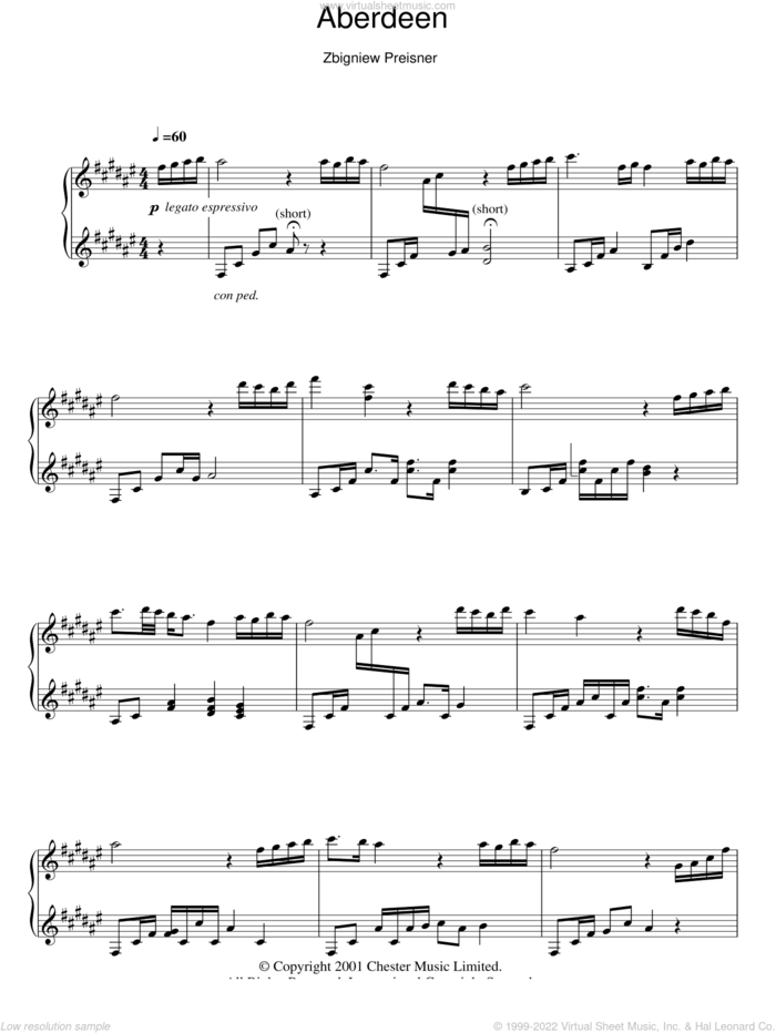 Aberdeen sheet music for piano solo by Zbigniew Preisner, intermediate skill level