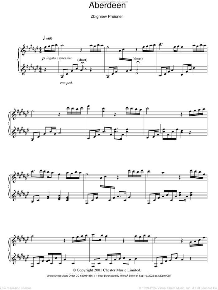 Aberdeen sheet music for piano solo by Zbigniew Preisner, intermediate skill level