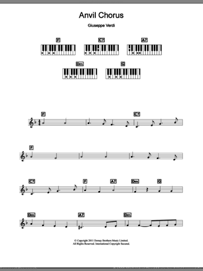 Anvil Chorus sheet music for piano solo (chords, lyrics, melody) by Giuseppe Verdi, classical score, intermediate piano (chords, lyrics, melody)