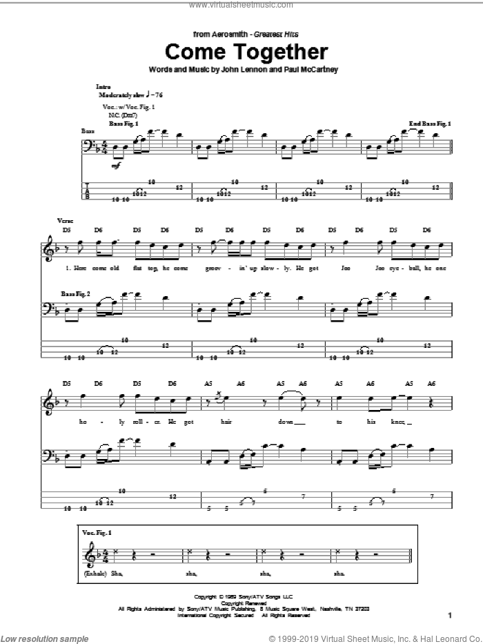 Come Together sheet music for bass (tablature) (bass guitar) by Aerosmith, The Beatles, John Lennon and Paul McCartney, intermediate skill level