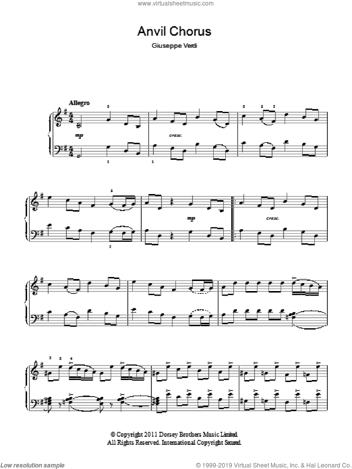 Anvil Chorus sheet music for piano solo by Giuseppe Verdi, classical score, intermediate skill level