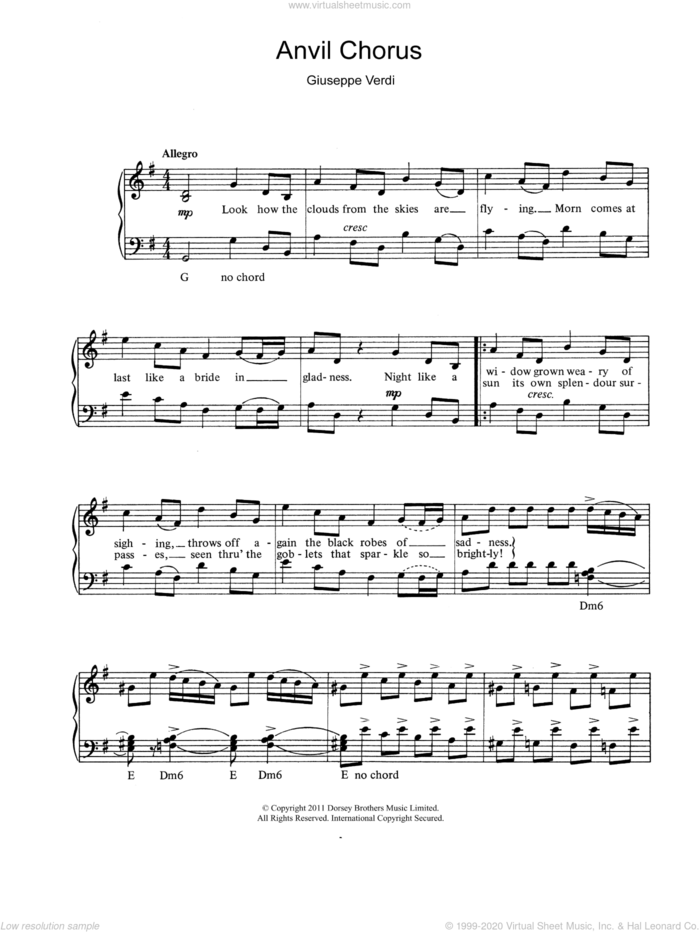 Anvil Chorus sheet music for voice and piano by Giuseppe Verdi, classical score, intermediate skill level