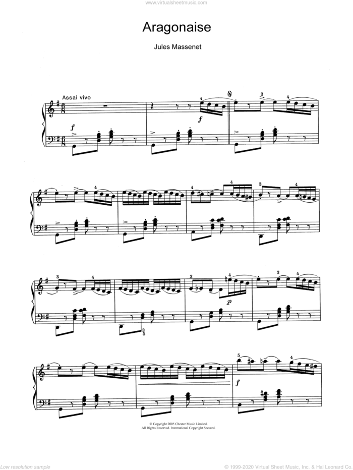 Aragonaise sheet music for piano solo by Jules Massenet, classical score, intermediate skill level