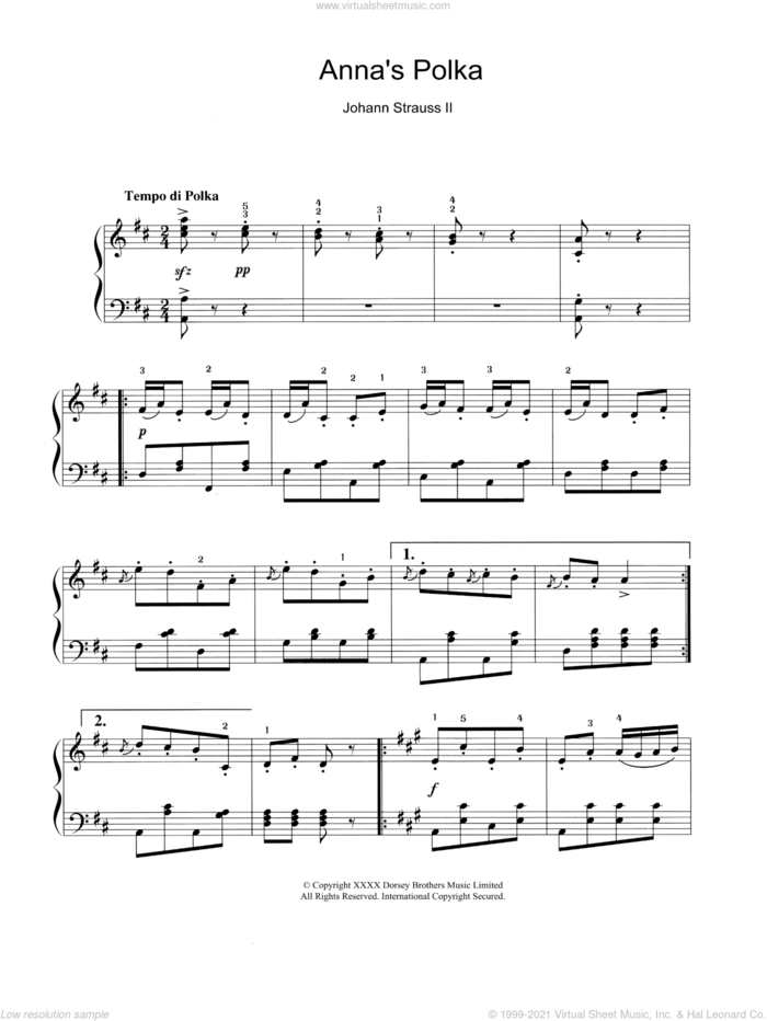 Anna's Polka sheet music for piano solo by Johann Strauss, Jr., classical score, intermediate skill level
