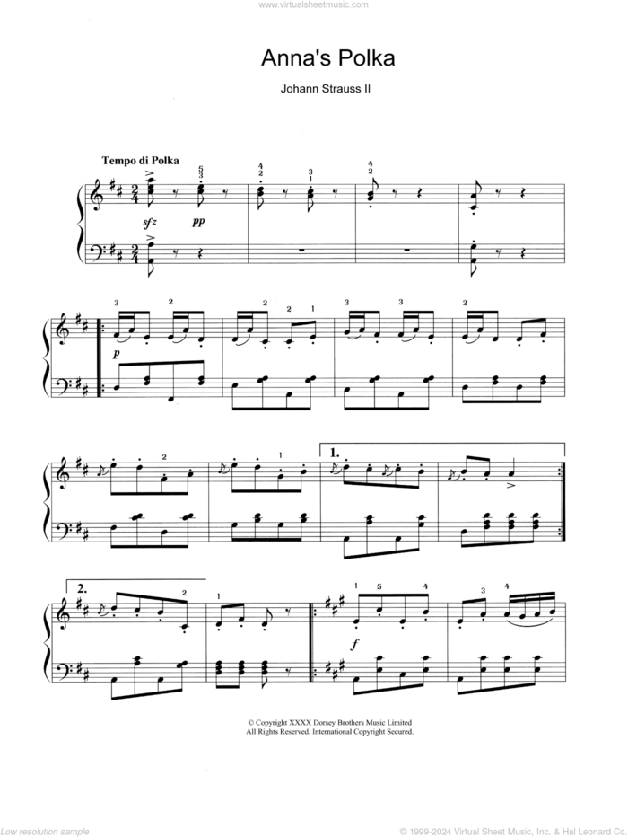 Anna's Polka sheet music for piano solo by Johann Strauss, Jr., classical score, intermediate skill level