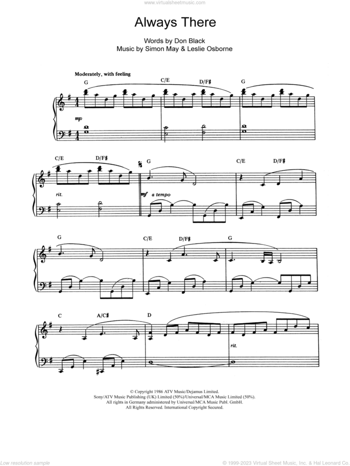 Always There and Eastenders Theme sheet music for piano solo by Marti Webb, Don Black, Leslie Osborne and Simon May, intermediate skill level