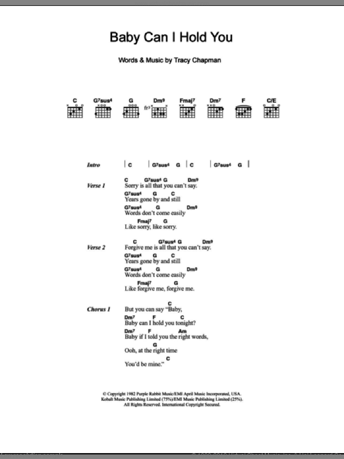 Baby Can I Hold You sheet music for guitar (chords) by Boyzone and Tracy Chapman, intermediate skill level