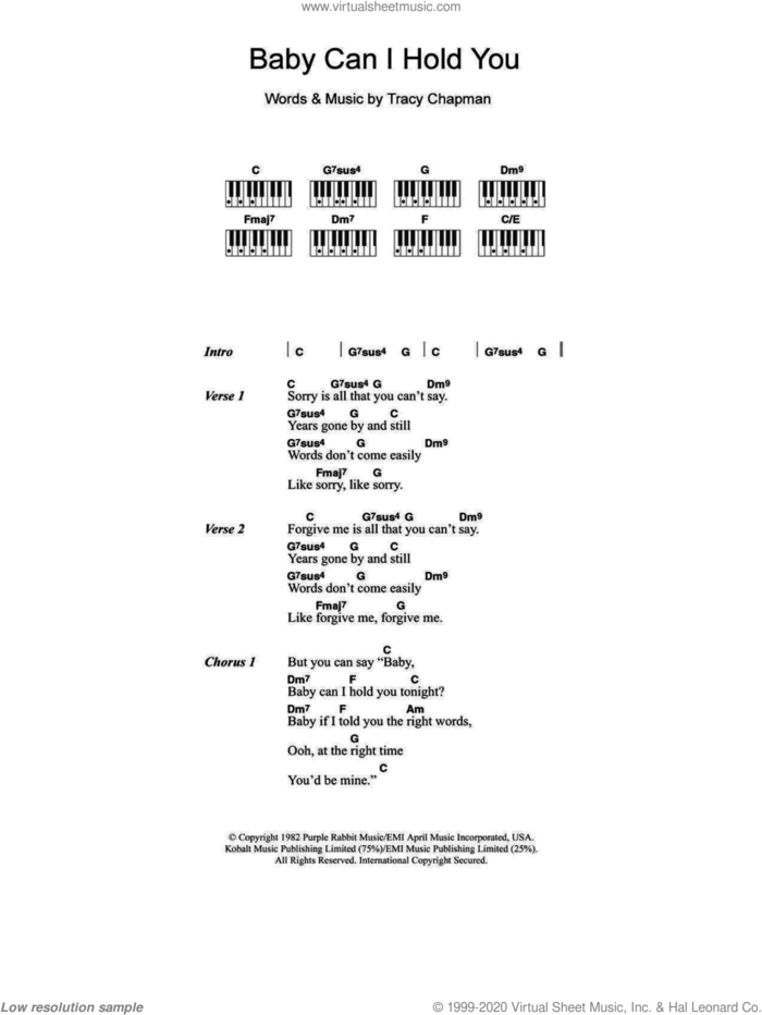 Baby Can I Hold You sheet music for piano solo (chords, lyrics, melody) by Tracy Chapman and Boyzone, intermediate piano (chords, lyrics, melody)