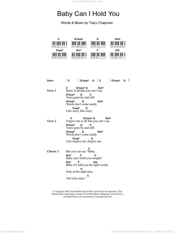 Baby Can I Hold You sheet music for piano solo (chords, lyrics, melody) by Tracy Chapman and Boyzone, intermediate piano (chords, lyrics, melody)