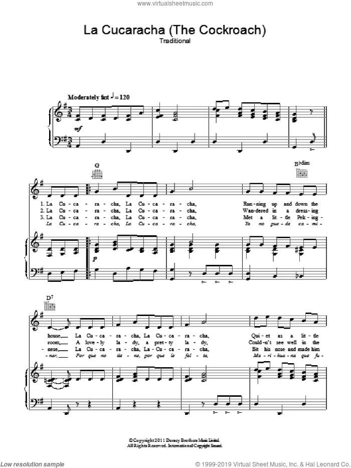 La Cucaracha (The Cockroach) sheet music for voice, piano or guitar  and Xavier Cugat, intermediate skill level