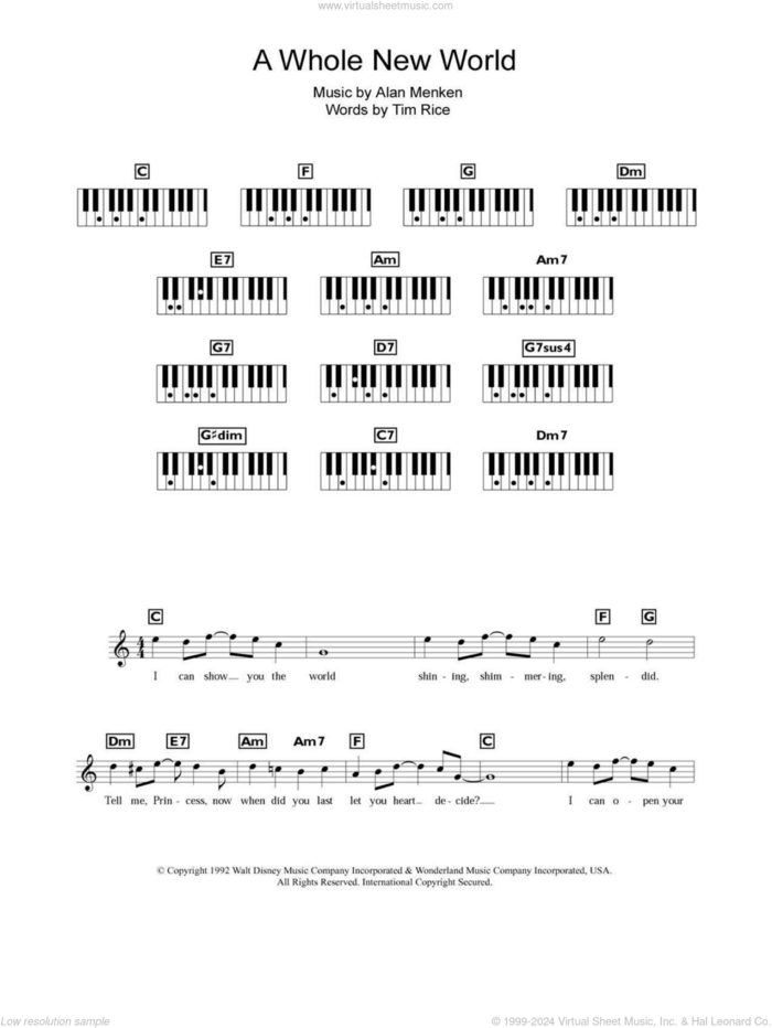 A Whole New World (from Aladdin) sheet music for piano solo (chords, lyrics, melody) by Alan Menken, Alan Menken & Tim Rice and Tim Rice, wedding score, intermediate piano (chords, lyrics, melody)