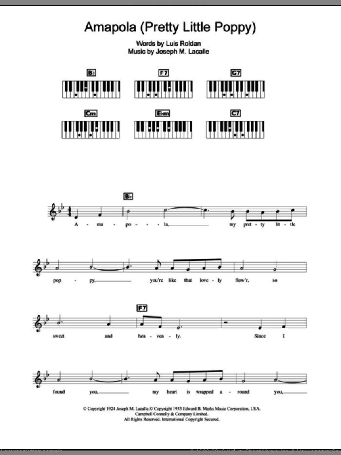 Amapola (Pretty Little Poppy) sheet music for piano solo (chords, lyrics, melody) by Joseph M. Lacalle and Luis Roldan, intermediate piano (chords, lyrics, melody)