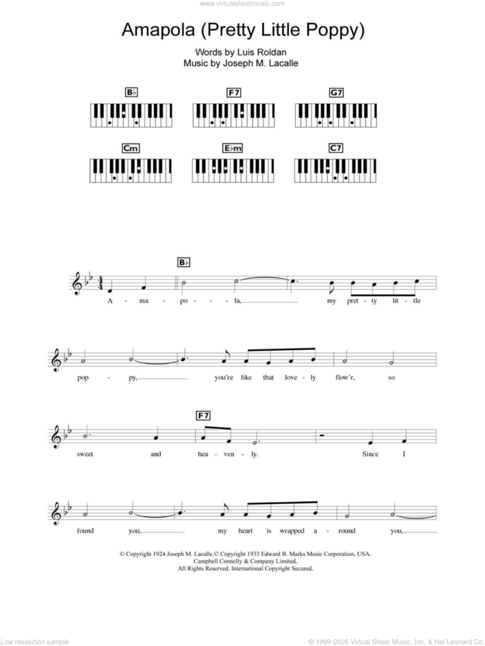 Amapola (Pretty Little Poppy) sheet music for piano solo (chords, lyrics, melody) by Joseph M. Lacalle and Luis Roldan, intermediate piano (chords, lyrics, melody)