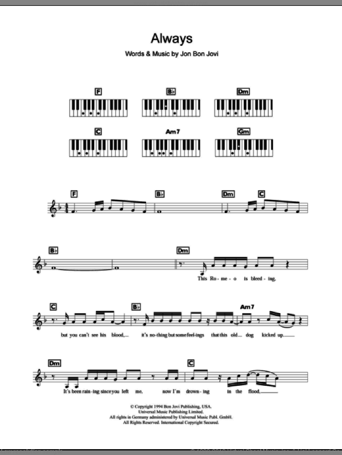 Always sheet music for piano solo (chords, lyrics, melody) by Bon Jovi, intermediate piano (chords, lyrics, melody)