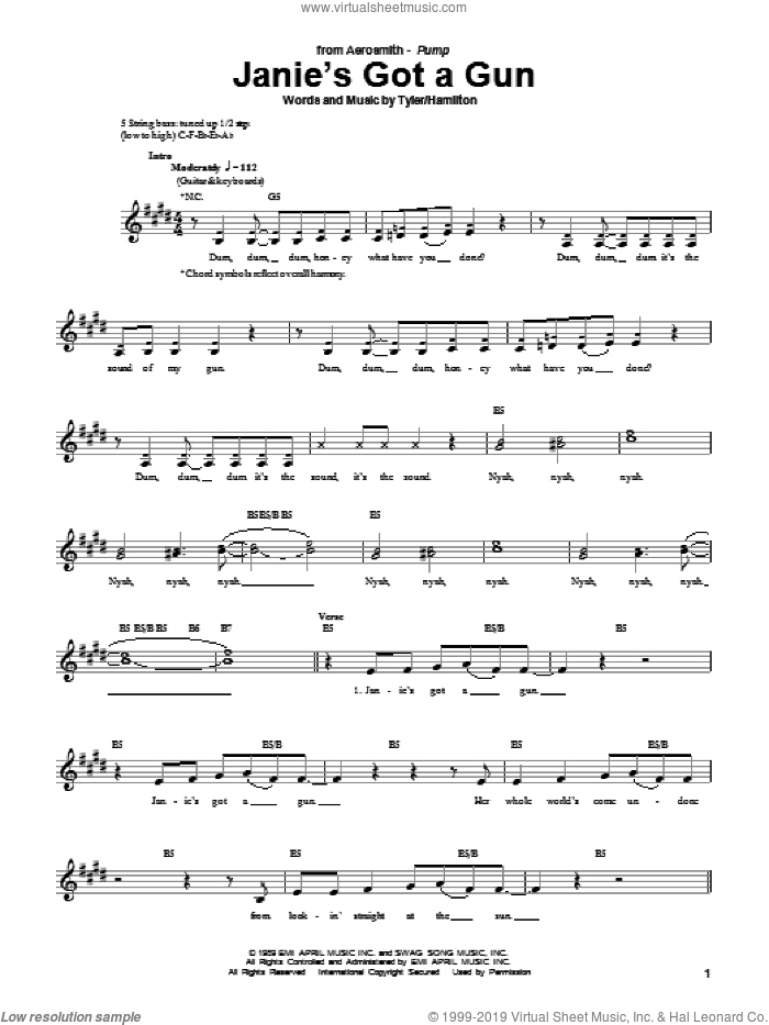 Janie's Got A Gun sheet music for bass (tablature) (bass guitar) by Aerosmith, Steven Tyler and Tom Hamilton, intermediate skill level