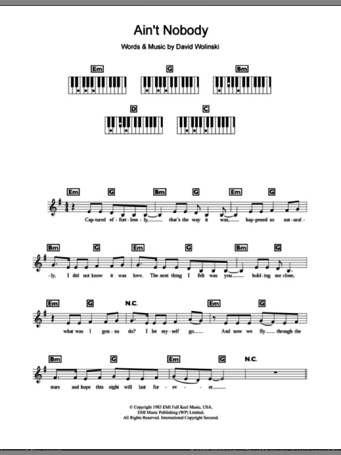 Ain't Nobody sheet music for piano solo (chords, lyrics, melody) by Chaka Khan and David Wolinski, intermediate piano (chords, lyrics, melody)