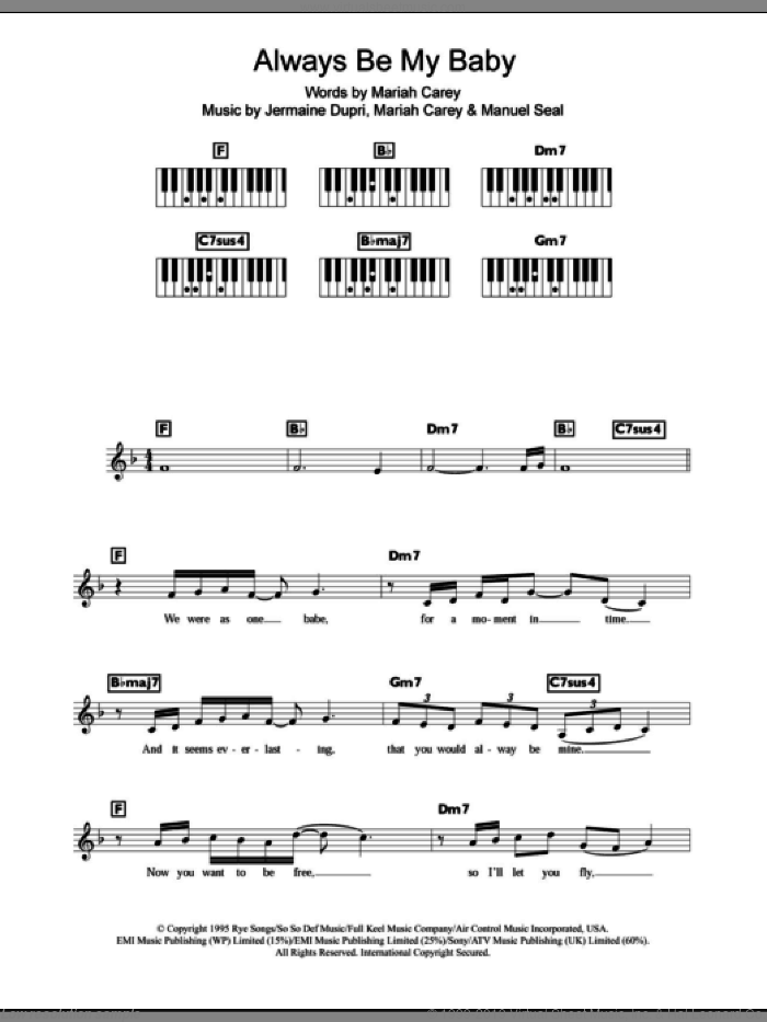 Always Be My Baby sheet music for piano solo (chords, lyrics, melody) by Mariah Carey, Jermaine Dupri and Manuel Seal, wedding score, intermediate piano (chords, lyrics, melody)