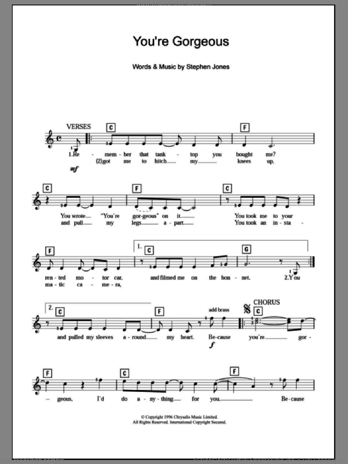 You're Gorgeous sheet music for piano solo (chords, lyrics, melody) by Babybird, Baby Bird and Steve Jones, intermediate piano (chords, lyrics, melody)