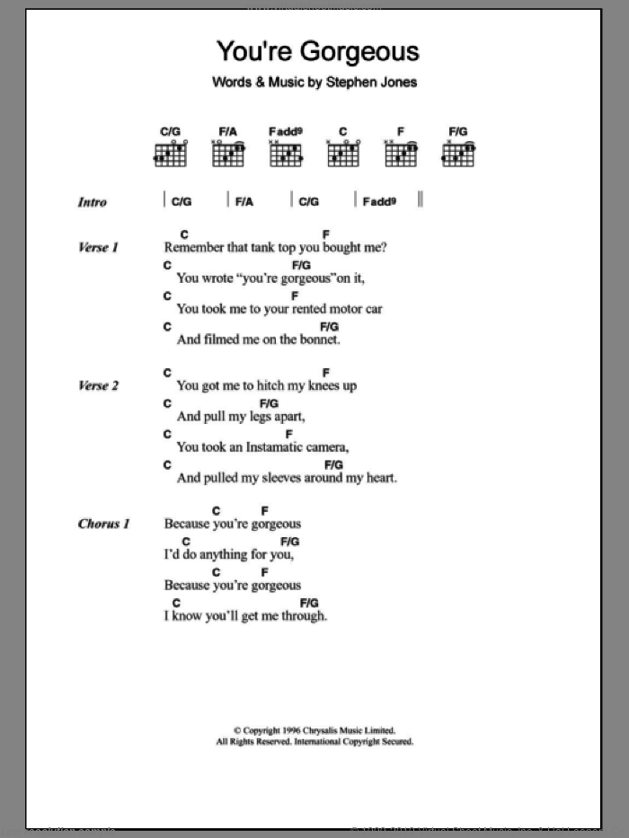 You're Gorgeous sheet music for guitar (chords) by Babybird, Baby Bird and Steve Jones, intermediate skill level