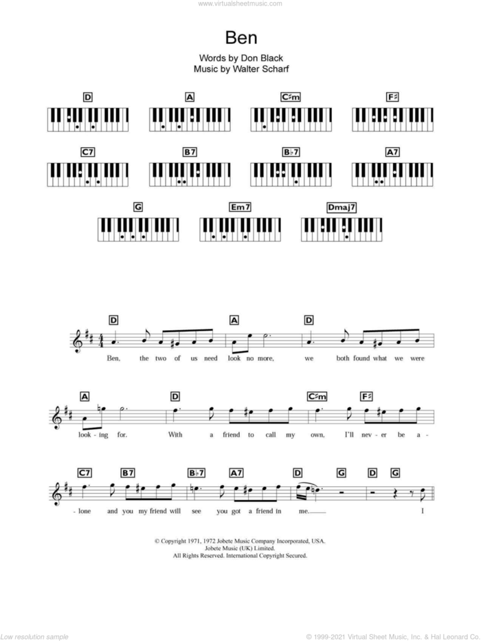 Ben sheet music for piano solo (chords, lyrics, melody) by Michael Jackson, Boyzone, Don Black and Walter Scharf, intermediate piano (chords, lyrics, melody)