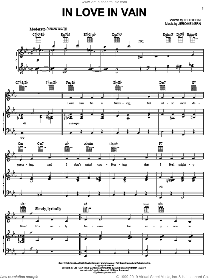 In Love In Vain sheet music for voice, piano or guitar by Jerome Kern, Mildred Bailey and Leo Robin, intermediate skill level