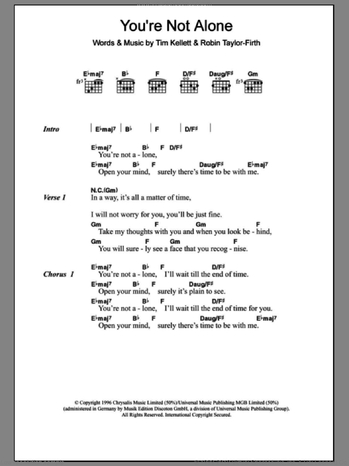 You're Not Alone sheet music for guitar (chords) by Olive, Robin Taylor-Firth and Tim Kellett, intermediate skill level