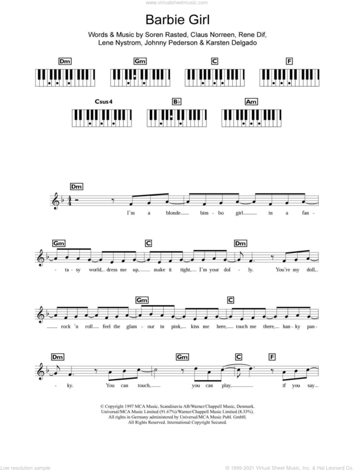 Barbie Girl sheet music for piano solo (chords, lyrics, melody) by Aqua, Claus Norreen, Johnny Pederson, Karsten Delgado, Lene Nystrom, Rene Dif and Soren Rasted, intermediate piano (chords, lyrics, melody)