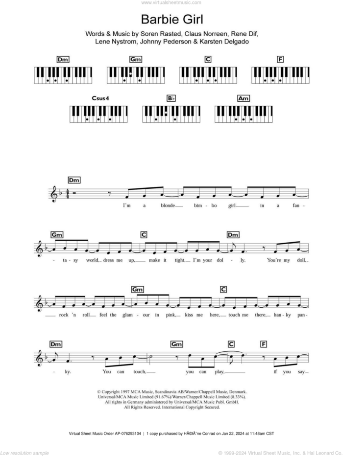 Barbie Girl sheet music for piano solo (chords, lyrics, melody) by Aqua, Claus Norreen, Johnny Pederson, Karsten Delgado, Lene Nystrom, Rene Dif and Soren Rasted, intermediate piano (chords, lyrics, melody)