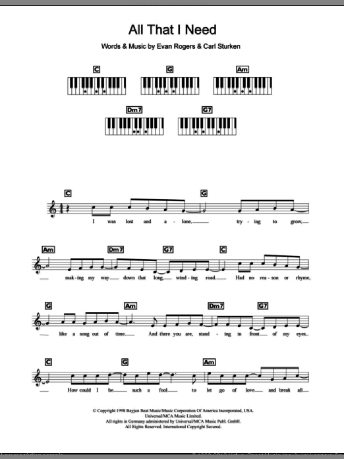 All That I Need sheet music for piano solo (chords, lyrics, melody) by Boyzone, Carl Sturken and Evan Rogers, intermediate piano (chords, lyrics, melody)