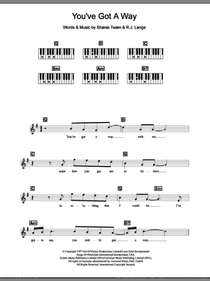 You've Got A Way sheet music for piano solo (chords, lyrics, melody) by Shania Twain and Robert John Lange, intermediate piano (chords, lyrics, melody)