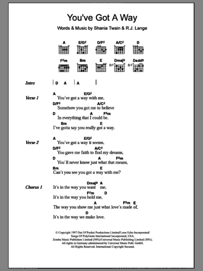 You've Got A Way sheet music for guitar (chords) by Shania Twain and Robert John Lange, intermediate skill level
