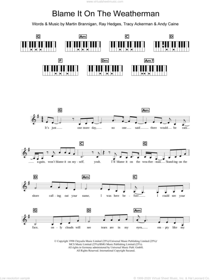 Blame It On The Weatherman sheet music for piano solo (chords, lyrics, melody) by Bewitched, Andy Caine, Martin Brannigan, Ray Hedges and Tracy Ackerman, intermediate piano (chords, lyrics, melody)