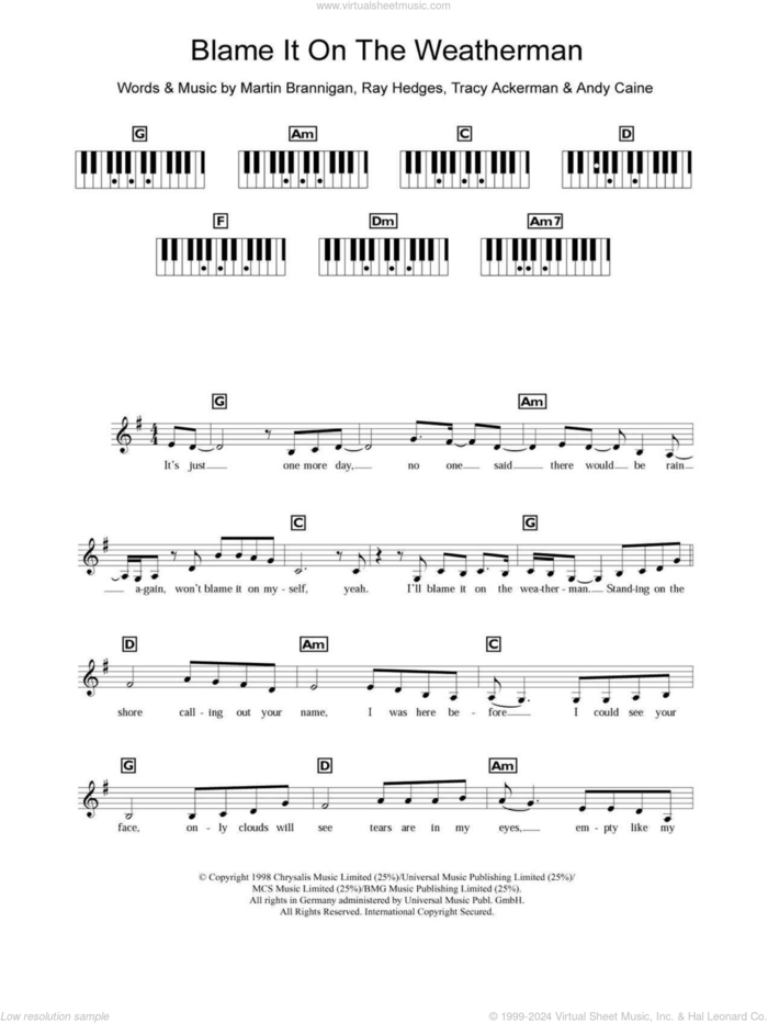 Blame It On The Weatherman sheet music for piano solo (chords, lyrics, melody) by Bewitched, Andy Caine, Martin Brannigan, Ray Hedges and Tracy Ackerman, intermediate piano (chords, lyrics, melody)