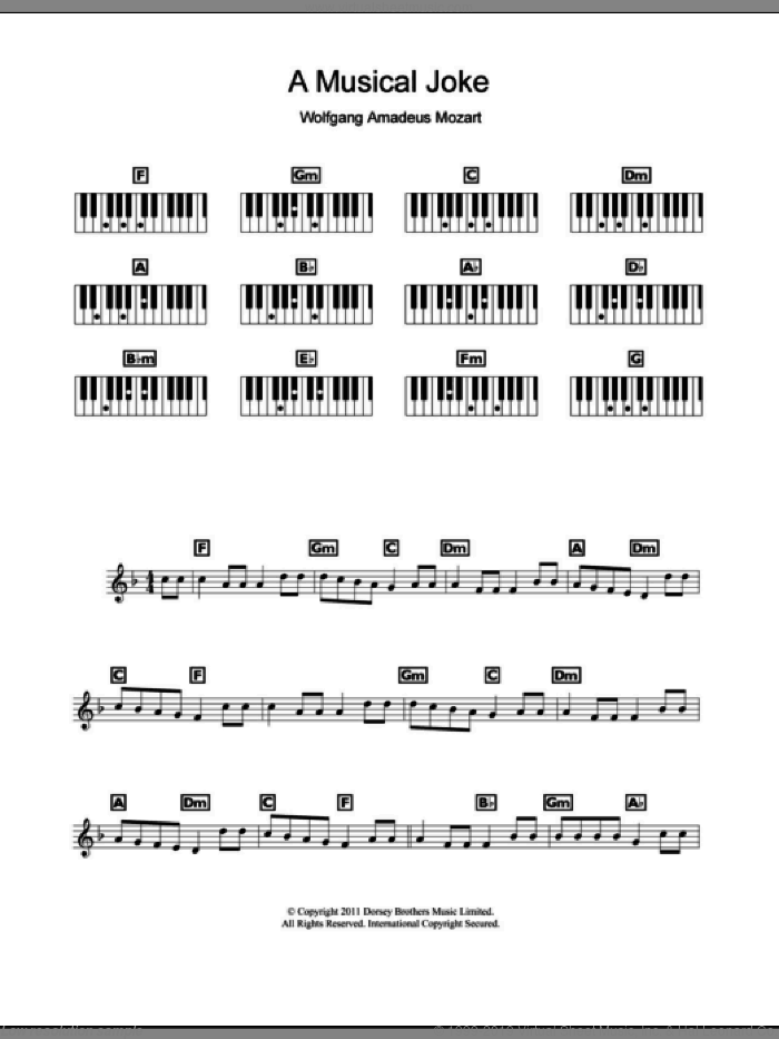 A Musical Joke sheet music for piano solo (chords, lyrics, melody) by Wolfgang Amadeus Mozart, classical score, intermediate piano (chords, lyrics, melody)