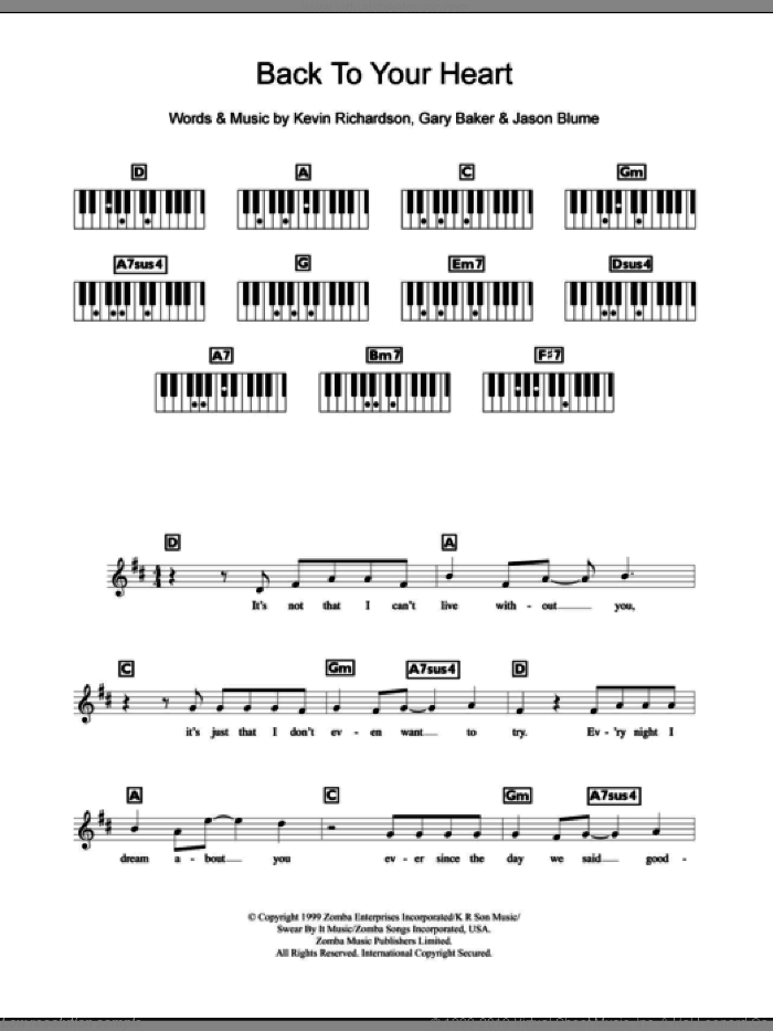 Back To Your Heart sheet music for piano solo (chords, lyrics, melody) by Backstreet Boys, Gary Baker, Jason Blume and Kevin Richardson, intermediate piano (chords, lyrics, melody)