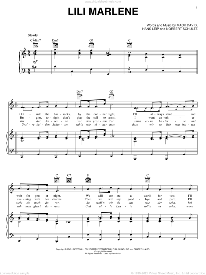 Lili Marlene sheet music for voice, piano or guitar by Marlene Dietrich, Perry Como, Hans Leip, Mack David and Norbert Schultze, intermediate skill level