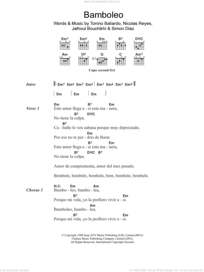 Bamboleo sheet music for guitar (chords) by The Gipsy Kings, Jahloul Bouchikhi, Nicolas Reyes, Simon Diaz and Tonino Baliardo, intermediate skill level