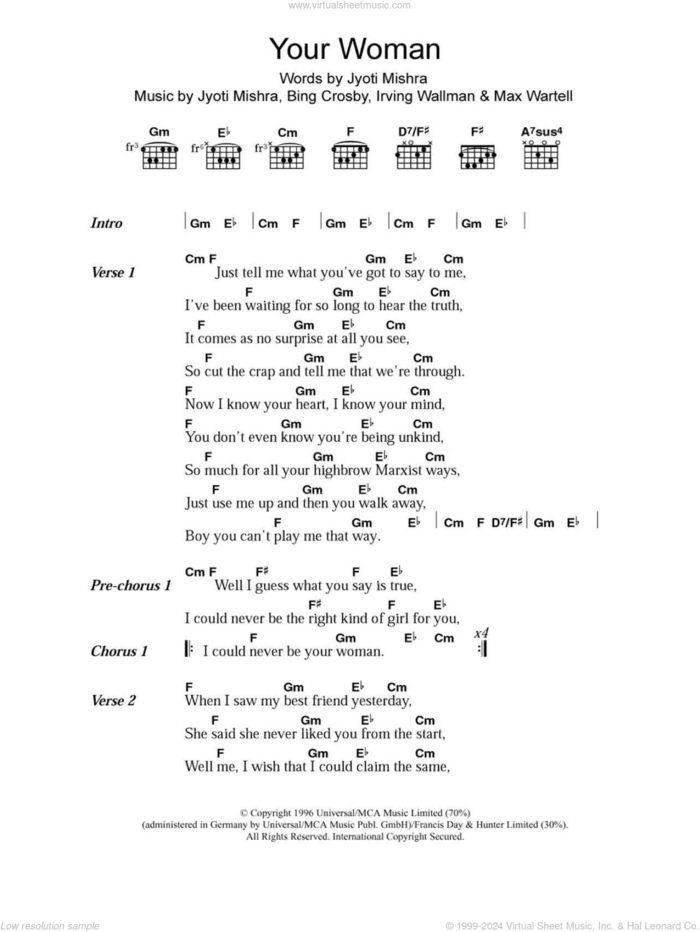 Your Woman sheet music for guitar (chords) by White Town, Bing Crosby, Irving Wallman, Jyoti Mishra and Max Wartell, intermediate skill level