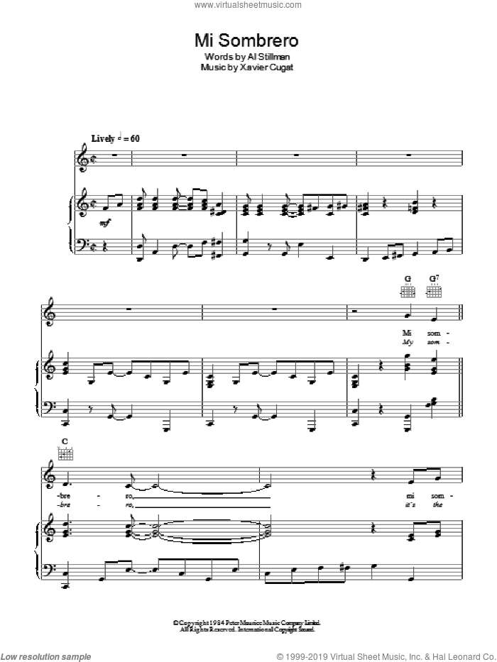 My Sombrero sheet music for voice, piano or guitar by Xavier Cugat and Al Stillman, intermediate skill level