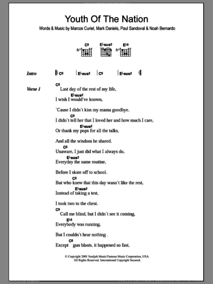 Youth Of The Nation sheet music for guitar (chords) by P.O.D., Marcos Curiel, Mark Daniels, Noah Bernardo and Paul Sandoval, intermediate skill level