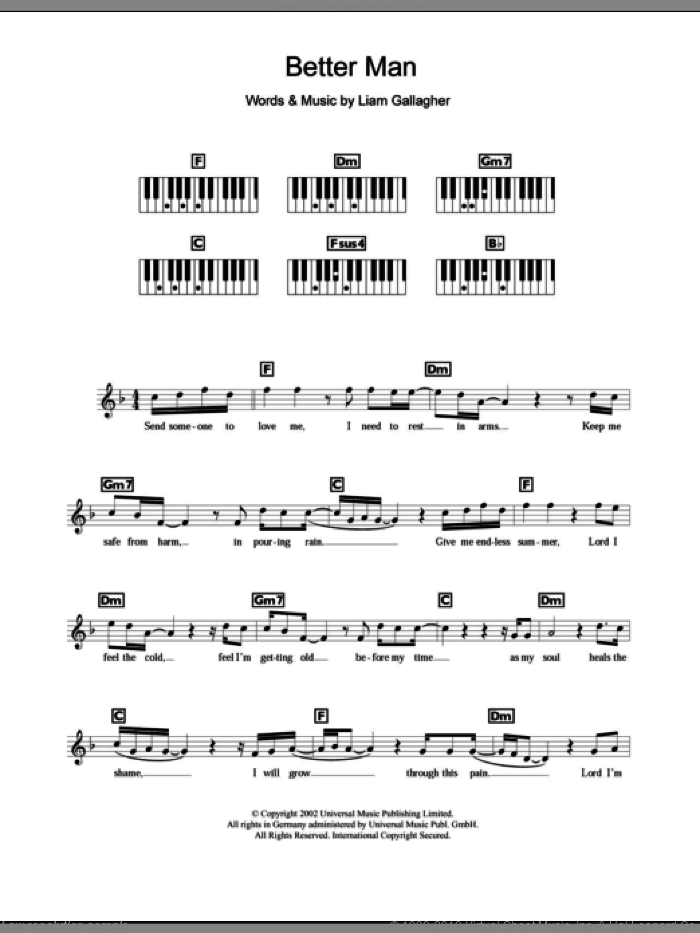 Better Man sheet music for piano solo (chords, lyrics, melody) by Oasis and Liam Gallagher, intermediate piano (chords, lyrics, melody)