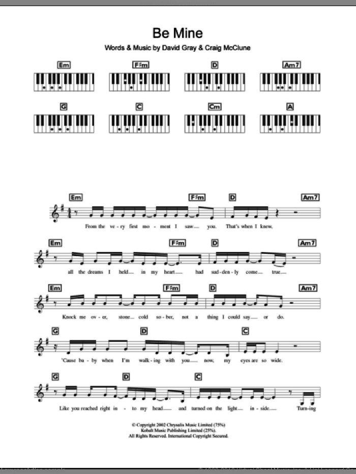 Be Mine sheet music for piano solo (chords, lyrics, melody) by David Gray and Craig McClune, intermediate piano (chords, lyrics, melody)